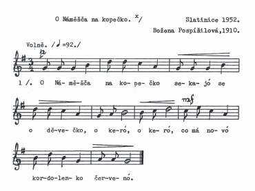 Sběratelský zápis hanácké písně O Náměšča na kopečko. Jan Poláček: Lidové písně z Hané. I. Prostějovsko. Brno 1966, s. 521. 